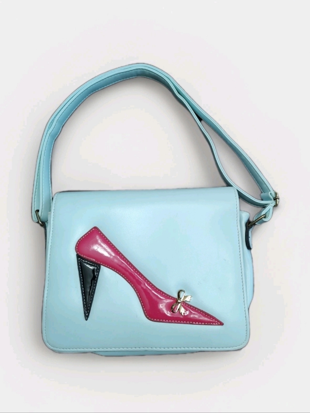 Unbranded Flap Over Saddlebag X-body Blue Bag W/Pink Stiletto Heel Motif Cute!👠